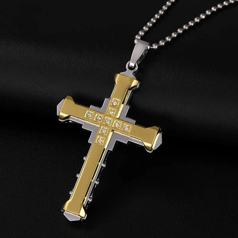 Cross border new Dark Knight domineering three-layer men's necklace, foreign trade accessories, diamond studded cross pendant