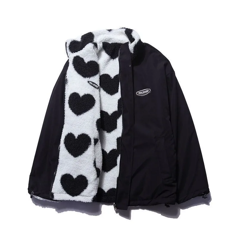 Double-sided Heart Shape Design Lamb Plush Women's Coat Cotton Clothes 2022 Winter Warm Windproof Jacket Street Y2K Clothing