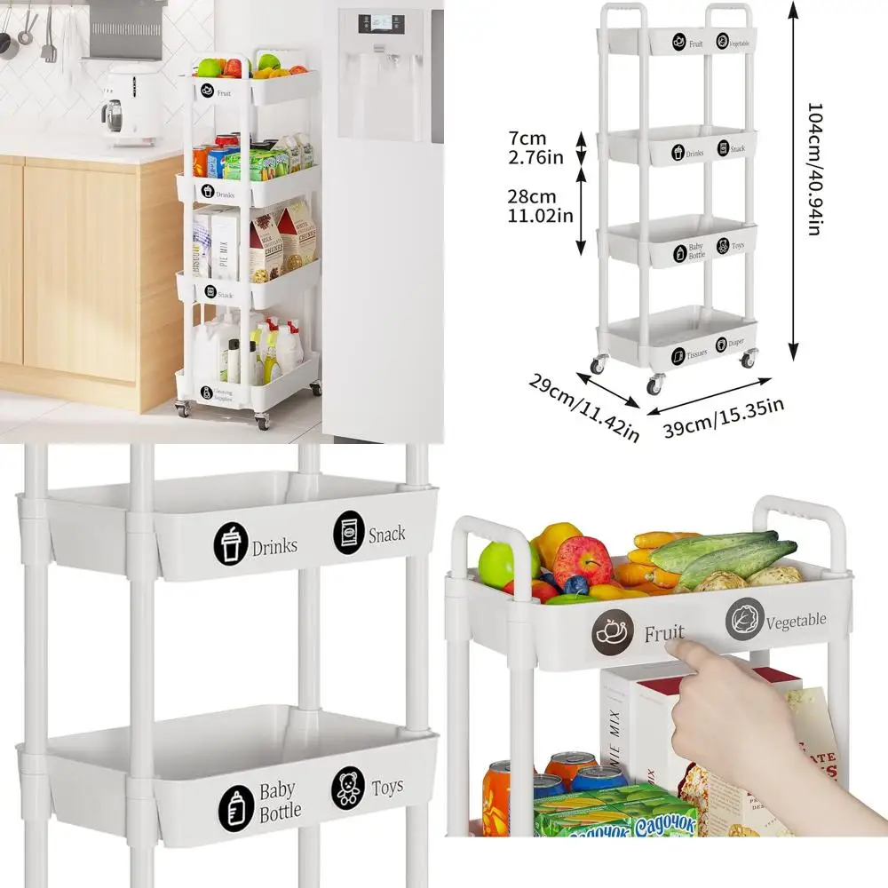

Многоцелевая 4-х уровневая тележка на колесиках с запираемыми колесами для кухни, ванной комнаты, прачечной и гостиной - белая