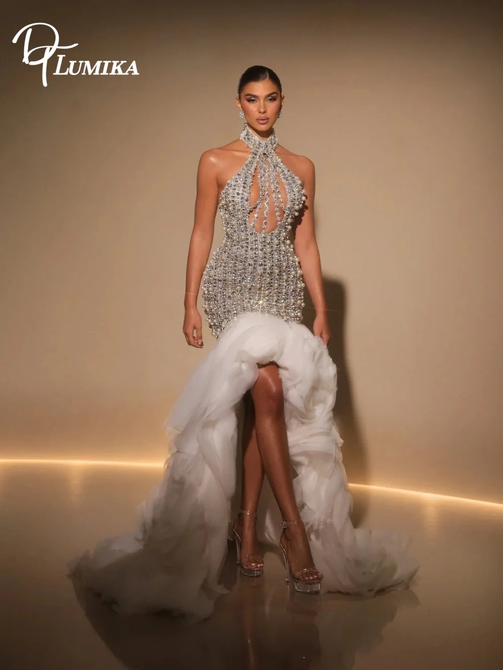 Luxury Pearl Beaded Mermaid Wedding Dress with Halter Cutout High Split Bride Dresses Customized Bridal Gowns Vestido De Noiva