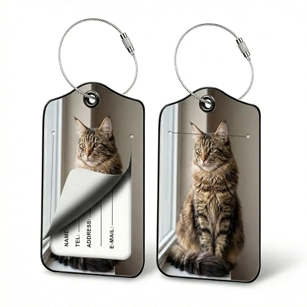

2 Pack Maine Coon Cat Luggage Tags for Suitcases, Cute PU Leather ID Bag Tags with Privacy Flap & Steel Wire Ring, Easy to Id
