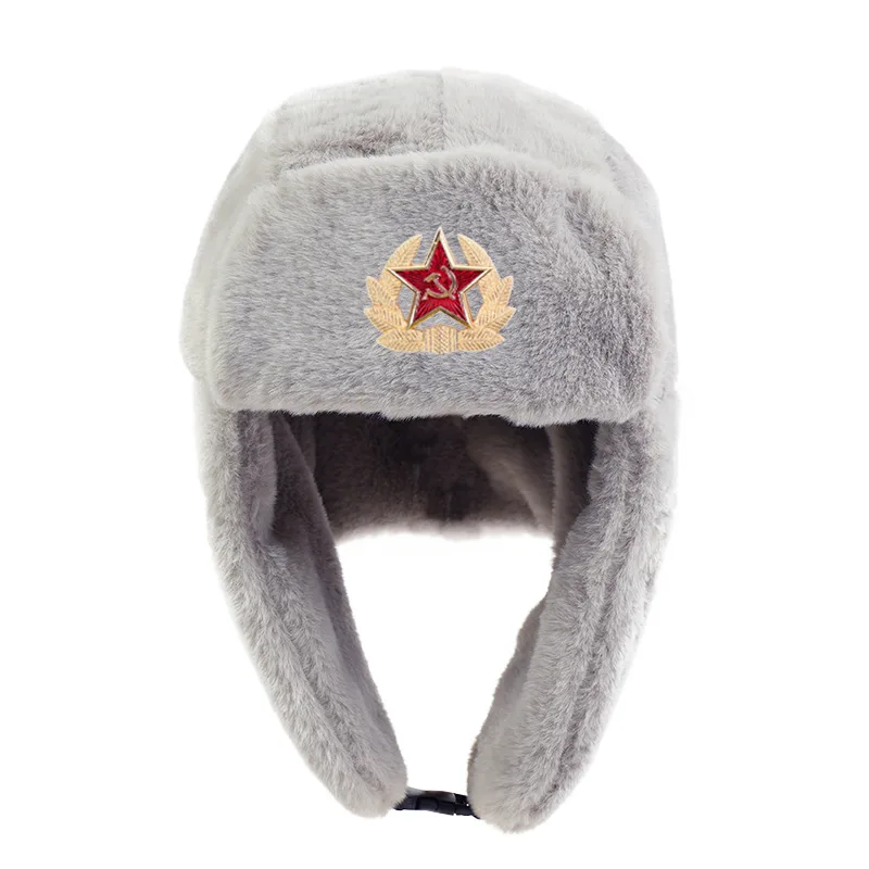 قبعة Lei Feng دافئة من القطيفة بلون سادة مع آذان القمح الذهبية وشارة النجمة الحمراء قبعة شتوية عصرية رائعة