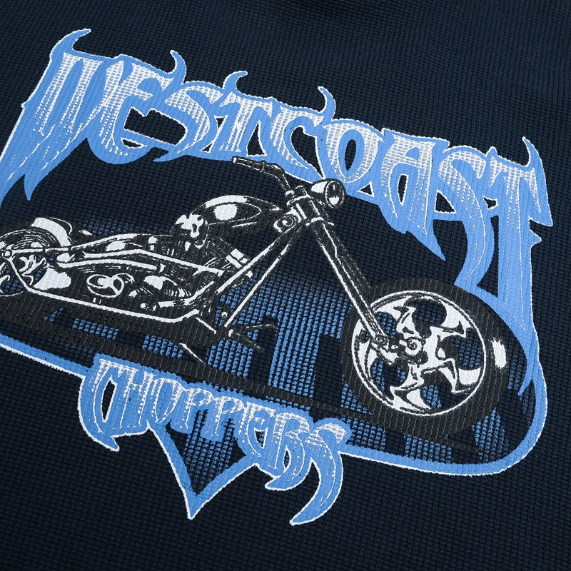 New Vintage Motorcycle Graphic Long‑Sleeve West Coast T‑Shirt Men Blue Sleeve Print Waffle Fabric Top