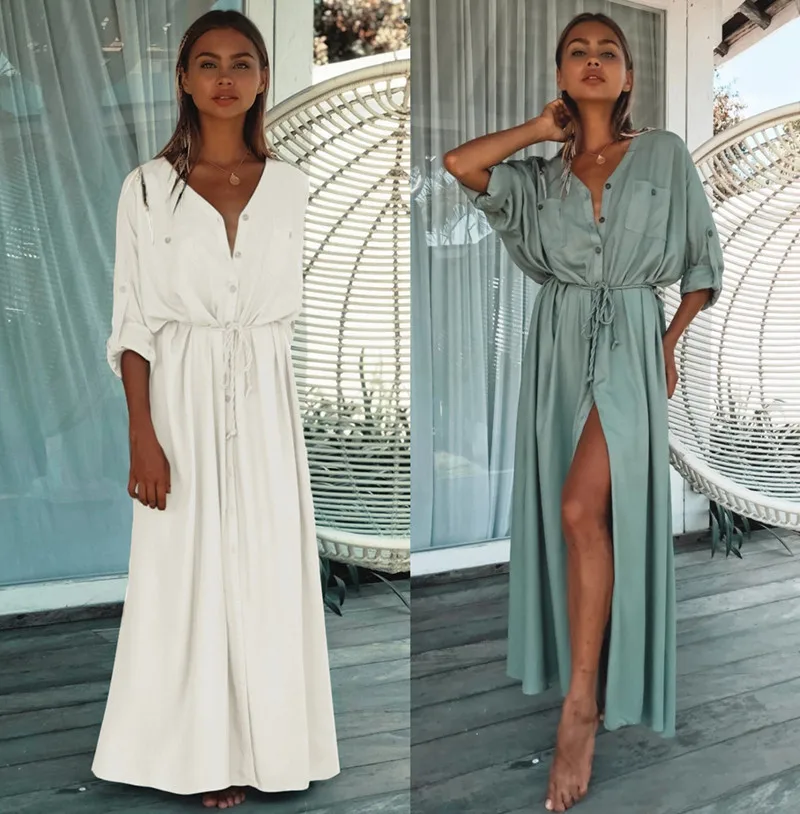 Solid Beach Cover Up Women Self Belted Wrap Kimono Dress Swimsuit 2024 New Robe Summer Over Size Beachwear Factory Supply Monoki