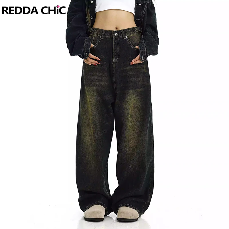 

ReddaChic 90s Retro Skater Women Baggy Jeans Plus Size Green Wash Distressed Frayed Adjust-waist Wide Leg Pants Y2k Streetwear