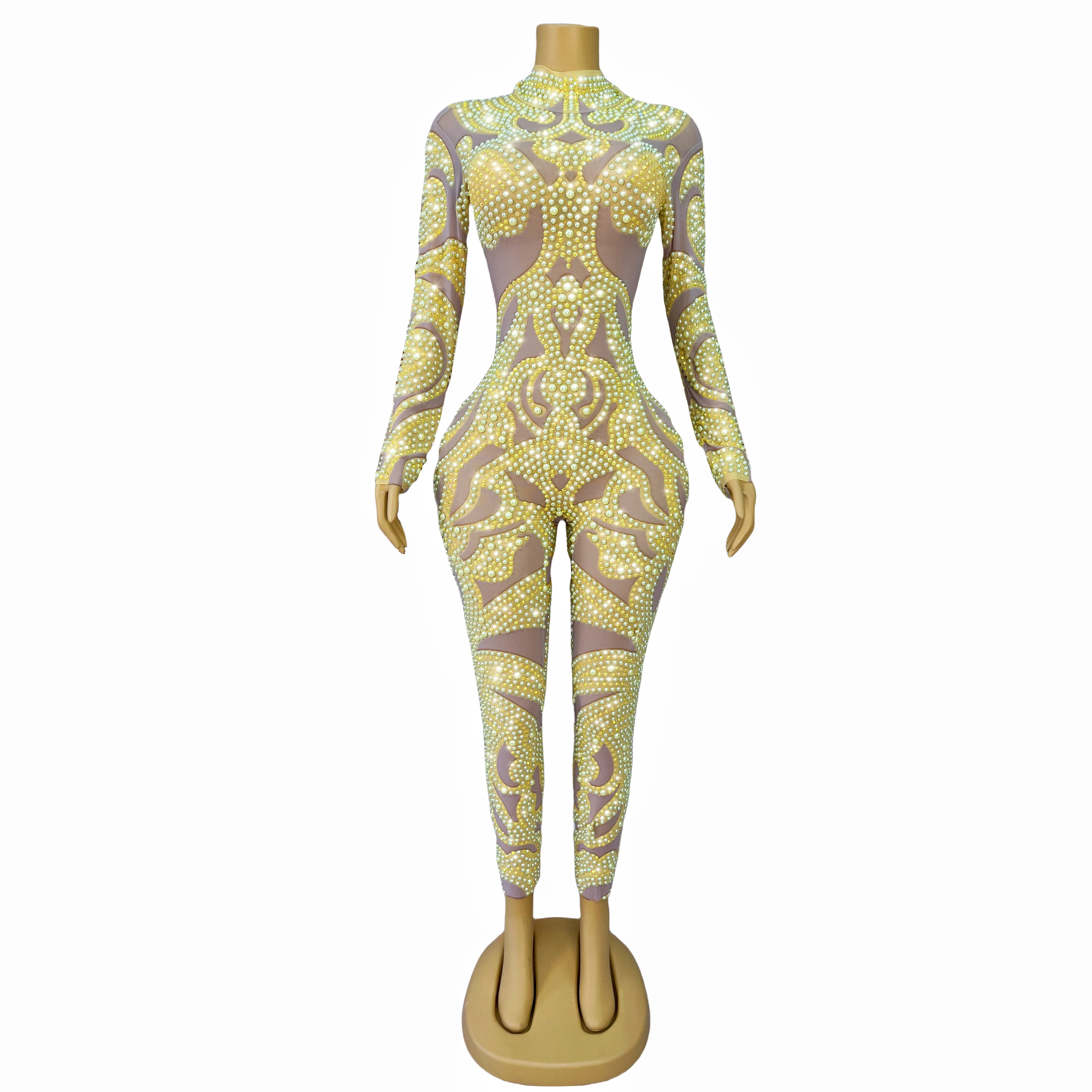 Neon Yellow Rhinestones Pearls Luxury Celebrate Sexy Jumpsuit Long Sleeves Stretch Bodysuit Birthday Costume baizhu