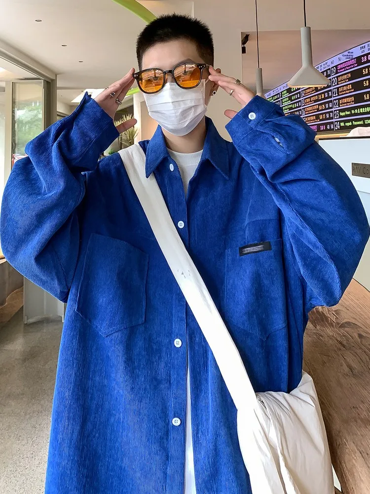 

Свободная вельветовая рабочая одежда Long Sve irt, мужская весенняя верхняя одежда больших размеров, синяя модная брендовая повседневная одежда