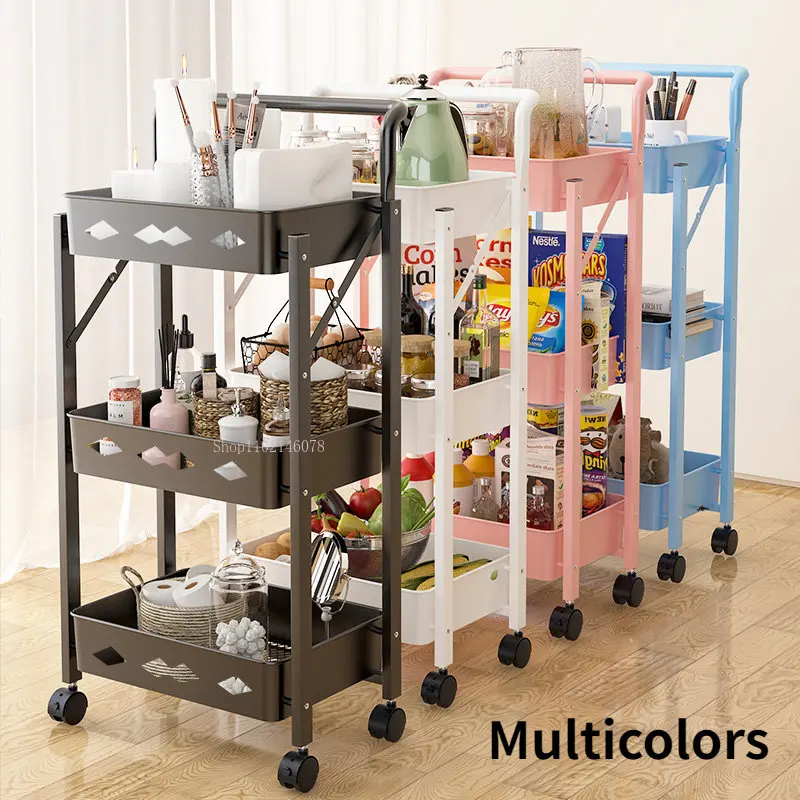 Folding Trolley Suitable for Household Large Vegetable and Fruit Snack Supplies Kitchen Shelf Multi-layer Store Rolling Cart