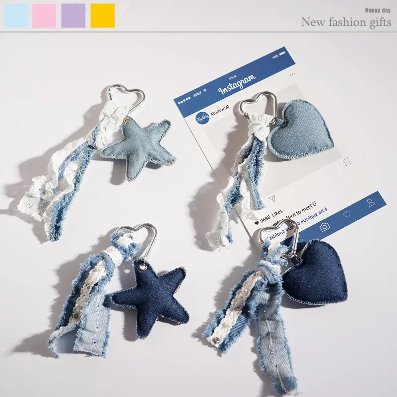 Denim Starfish Star Pendant Keychain Organizer Original Design Bag Charm Spring Clip Carabiner Keychain for Backpack Keys Car