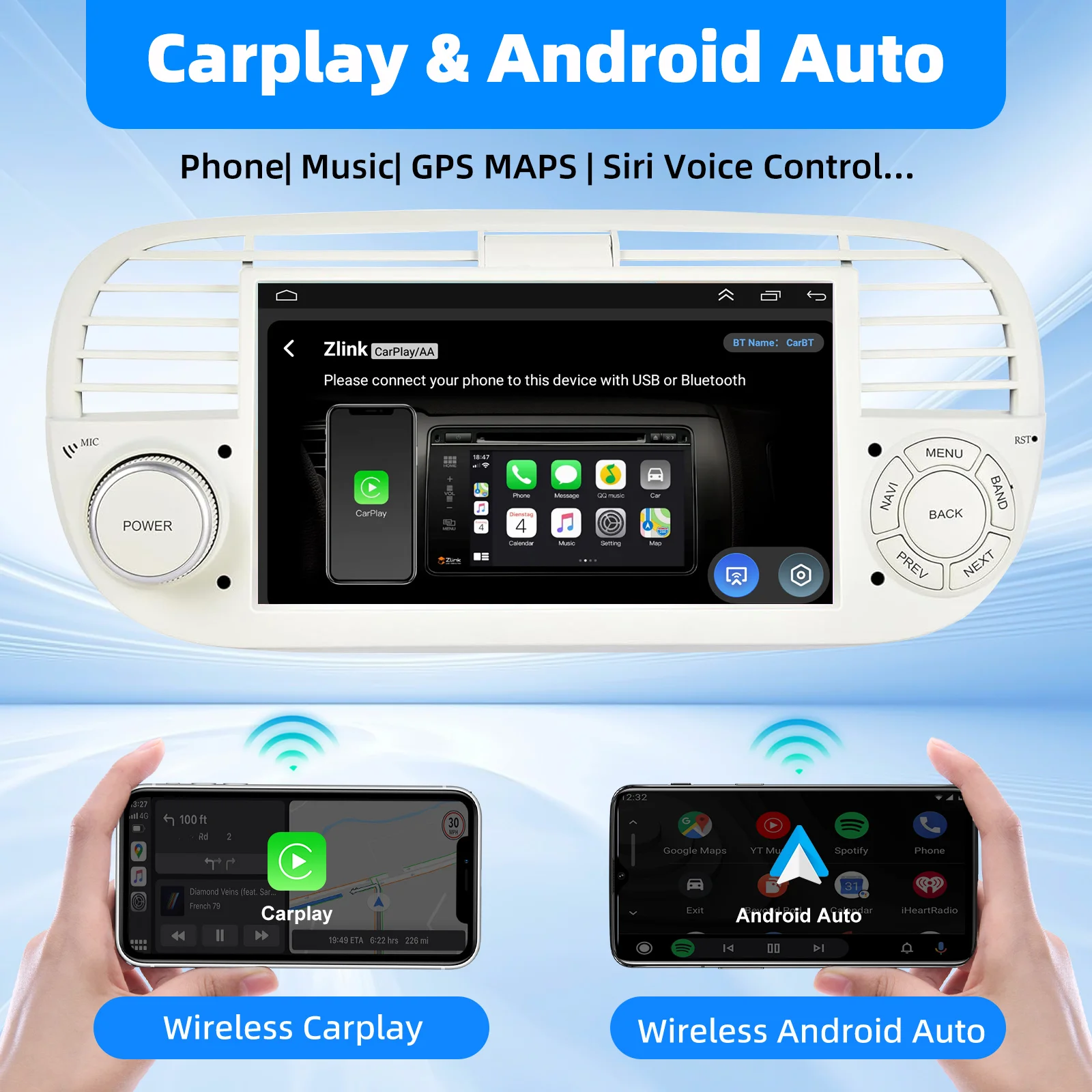 ESSGOO 4 + 64G Android 15 Auto Stereo Radio Für Fiat 500 2007-2015 7 "Display Drahtlose Carplay Android Auto GPS Nav Wifi BT RDS SWC – Detail 12