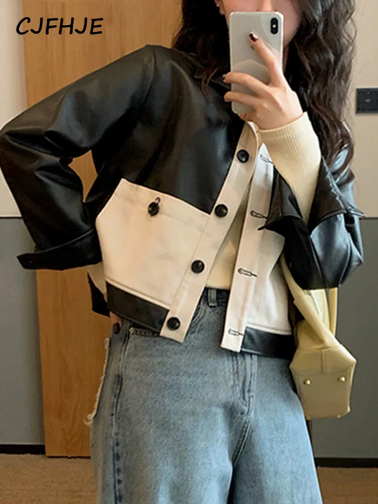 CJFHJE Contrast Short Motorcycle Leather Coat Autumn Women's New Korean Fashion POLO Collar Casual Women Long Sleeve Jacket