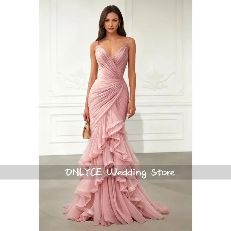 Customized Charming Mermaid Tulle Prom Dress Spaghetti Straps Tiered Ruffles Formal Evening Gown Women V-Neck Ball Gowns