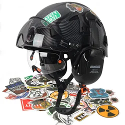 Construction Carbon Fiber Safety Helmet w/ Double Goggles Earmuffs 50Pcs DIY Stickers ABS Hard Hat Climbing Ride Protective Cap