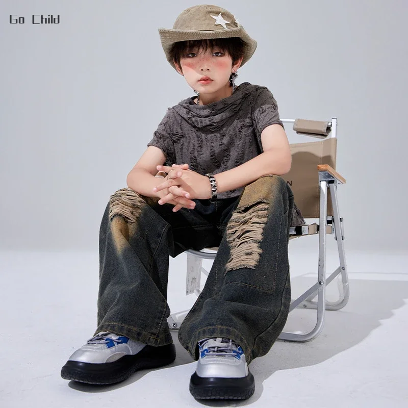 Boys Hip Hop Wasteland Punk Hoodies Ripped Denim Pants Girls Crop Top Jeans Child Streetwear Costume Kids Jazz K-pop Clothes Set