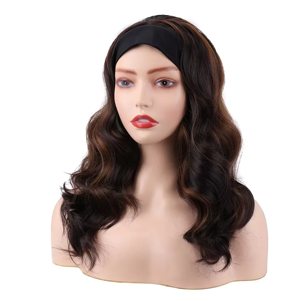 Wig bando untuk wanita warna hitam, Wig hitam panjang sintetis yang terlihat Wig bergelombang dengan bando terpasang 18 inci