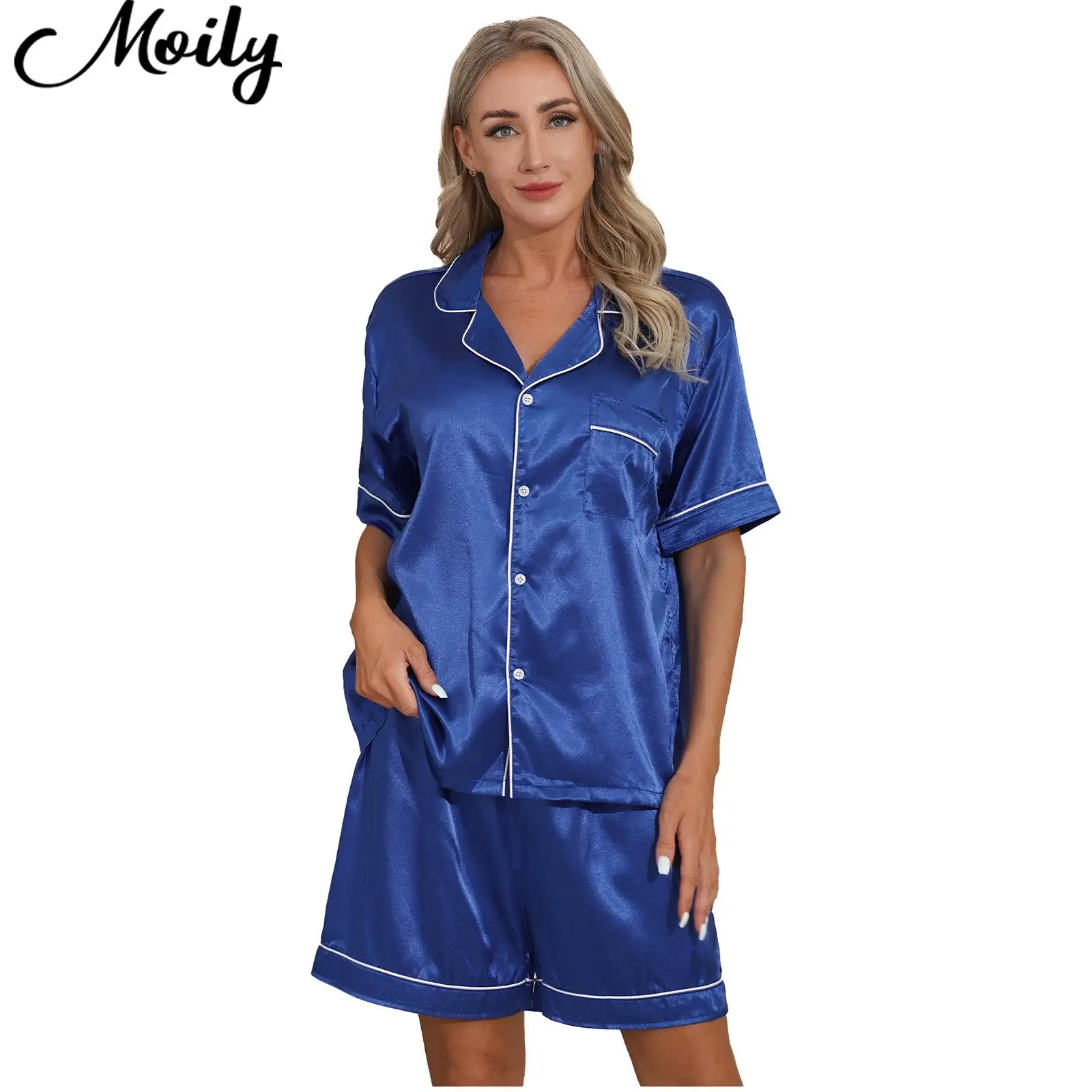 Womens Silky Satin Pajamas Set Notch Collar Short Sleeves Button Down Shirt Top with Boxer Shorts for Sleepwear Loungewear