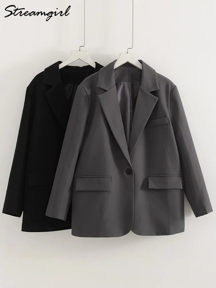 

Women Blazers Grey Autumn Outerwears Office Jackets Ladies Coat Long Sleeve Pockets Black Blazers For Women Casual Long Jackets