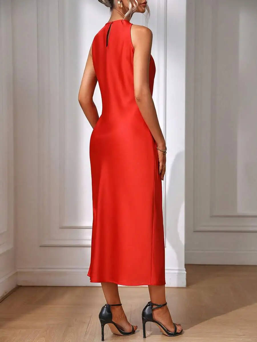 Red Solid Halter Neck Maxi Dress with Side Slit for Evening Party