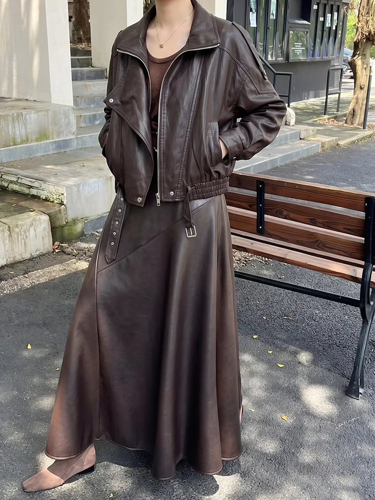 Vintage Coffee Faux Leather Maxi Skirt For Women High Waist Asymmetric Panel A‑line Flared Swing Street Fall Winter Long Bottoms