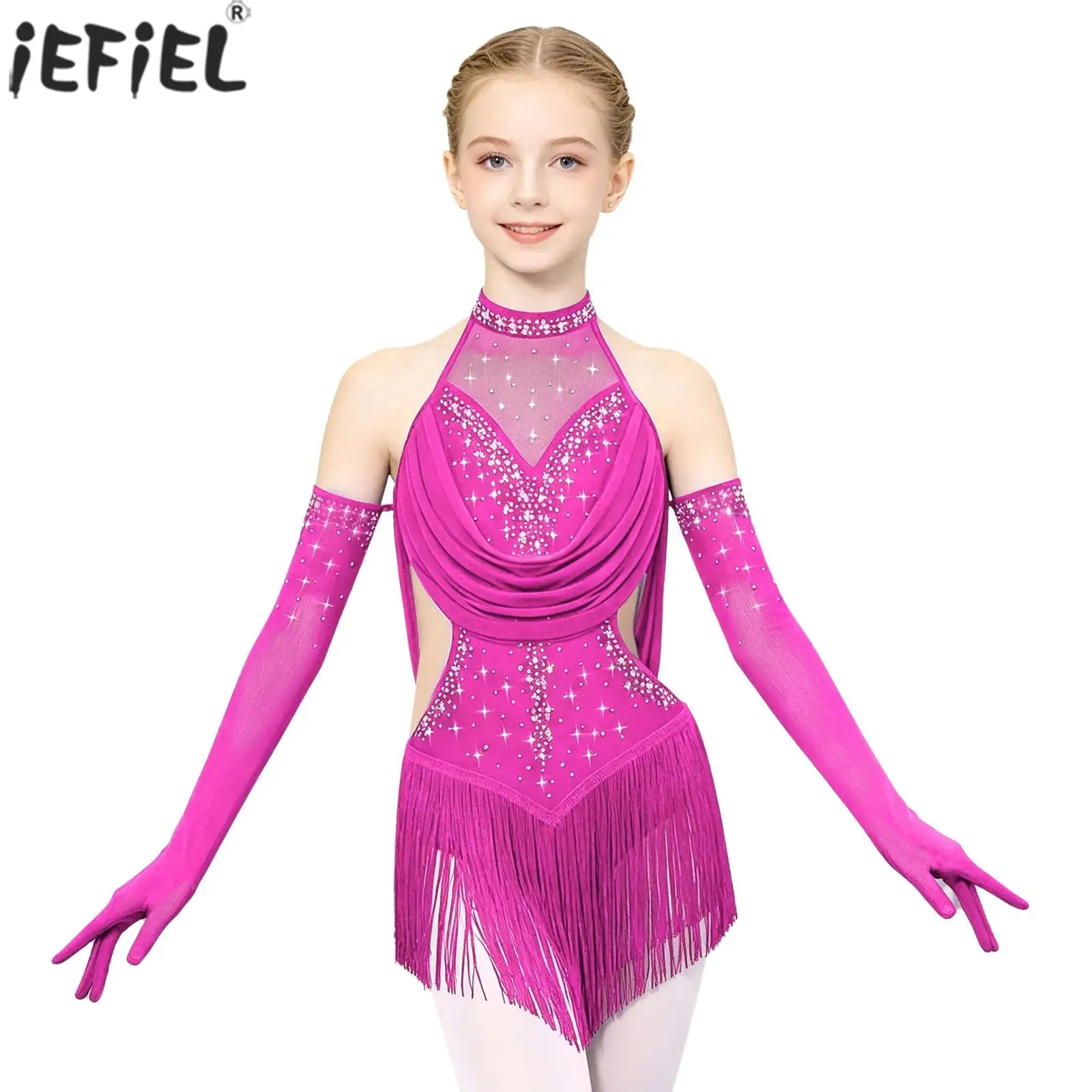 Kids Girls Tassels Latin Dance Costume Skating Jazz Tango Salsa Outfits Rhinestones Ruched Mesh Cutout Leotard Dress+Mesh Gloves
