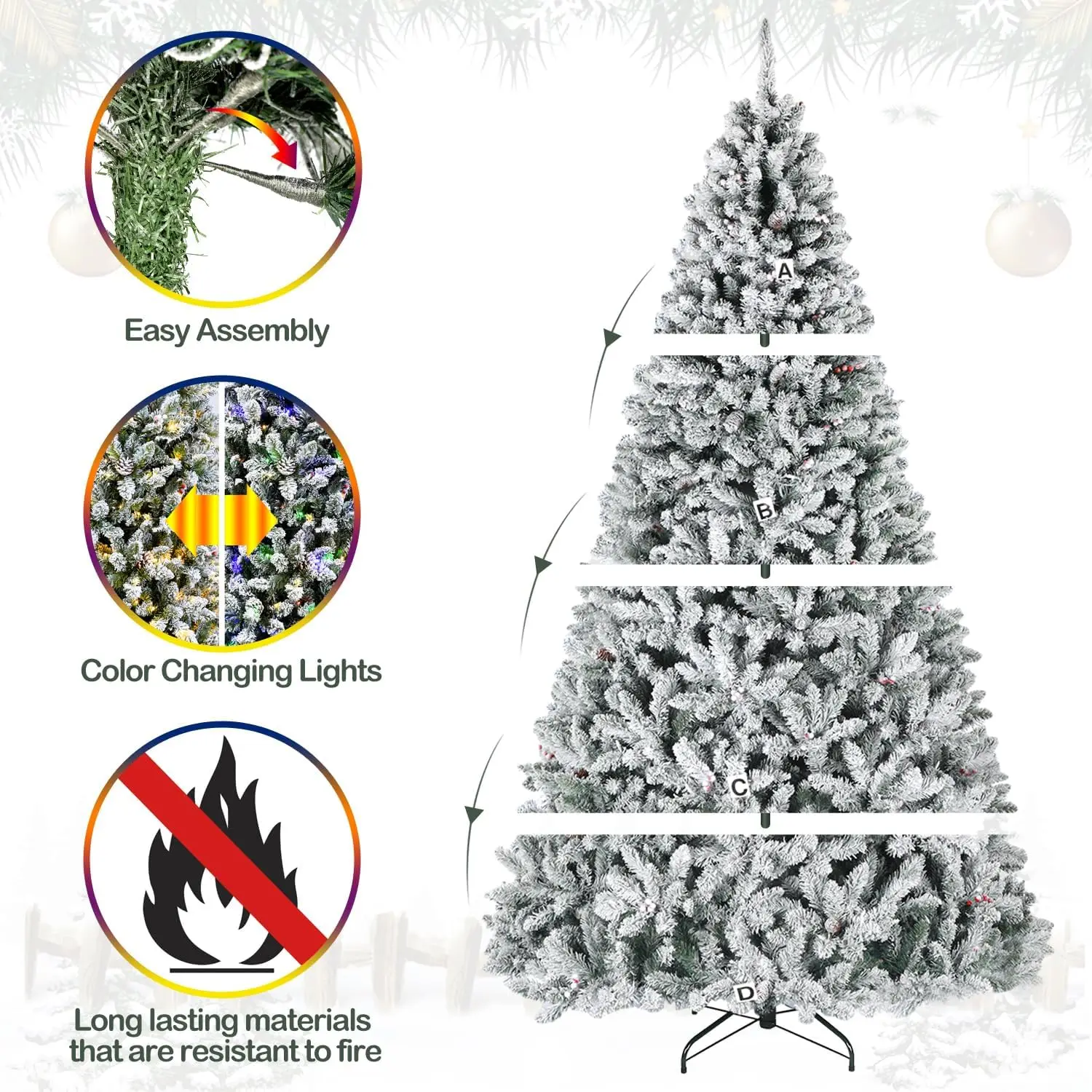 Snow Flocked Artificial Christmas Pine Tree, 9 pés, Pre-Lit, 600 luzes LED multicoloridas, 2100 dicas, 10 cores