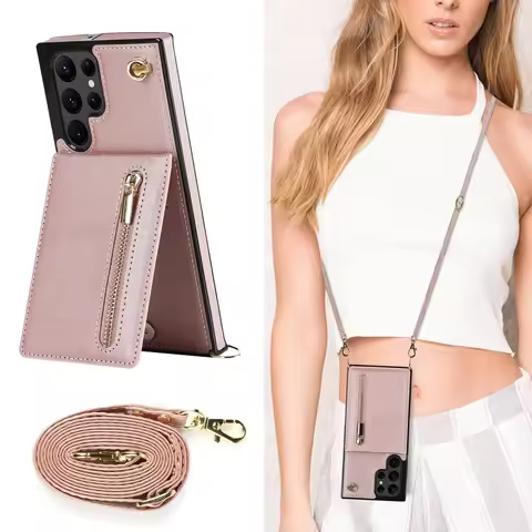 Zipper Wallet CrossBody Lanyard Case For Samsung Galaxy S24 FE S23 Ultra S22 S21 Note20 S20 S10 Plus Cards Solt Cover ZYXKZJLL