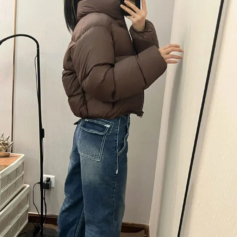 2025 Casual Cropped for Women Winter New Loose Stand Collar Thick Warm Quilted Jacket Versatile Zipper Long Sleeve Bread Coat