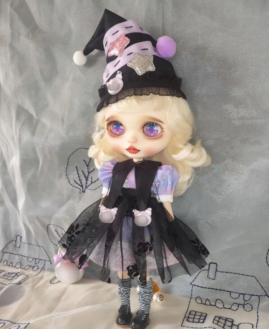 Halloween Dark style 5pcs Blythe doll outfit Skirt, hat, socks, collar, hem 1/6 BJD 30cm for Pullip,Ob22,Ob24, Licca