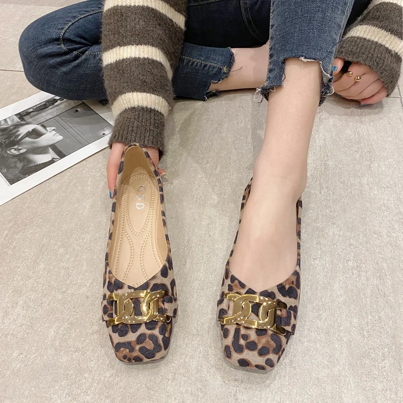 Flat shoes for women Spring Summer new women's shoes Leopard Metal buckle shallow square toe flat shoes Large 44 45 46 view 3