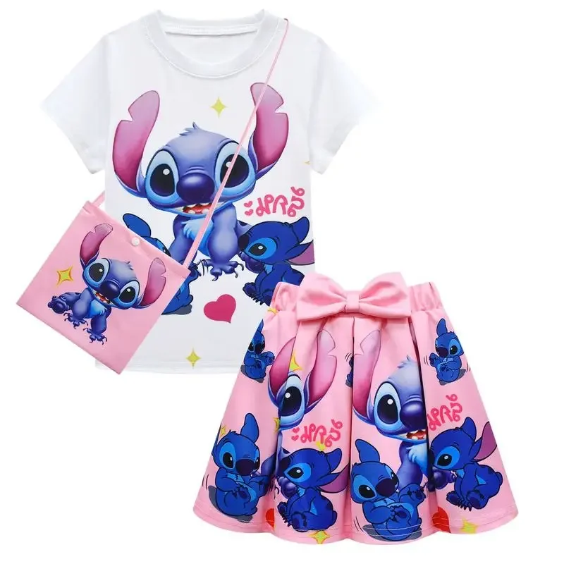 2025 New Stitch And Angel Children's Set Sleeve Pleated Cartoon Printing Kawaii Short Sleeves Skirt Lovely X158