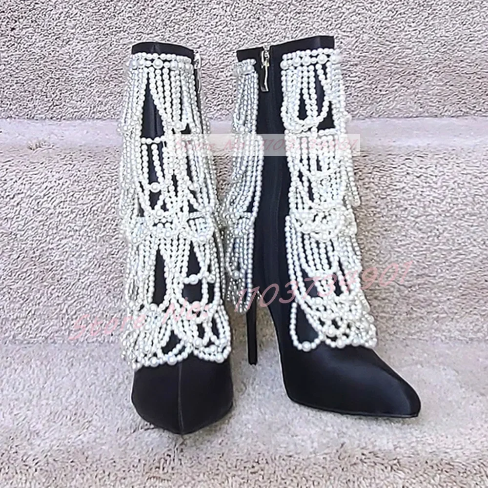 Pearl Chain Verzierte Satin Black Boots Women Classy Pointy Toe Zip Mid Calf Thin High Heels Shoes Lady Sexy Fashion Showy Boots