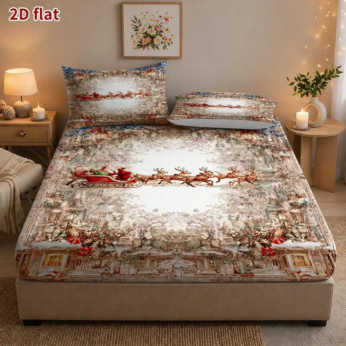 Christmas 2D Digital Print Three-Piece Bedding Set (Includes 1 Fitted Sheet + 2 Pillowcases) Mattress Protector, Fitted Elastic Style, Protective Cover, 2D Flat Priting, Mattress Protector, Santa's Sleigh Team Theme, Vintage Oil Painting Style, Christmas, Suitable for All Seasons, Machine Washable, Home Use, Holiday Decoration, Various Sizes, Breathable Protective Cover Plus Pillowcase
