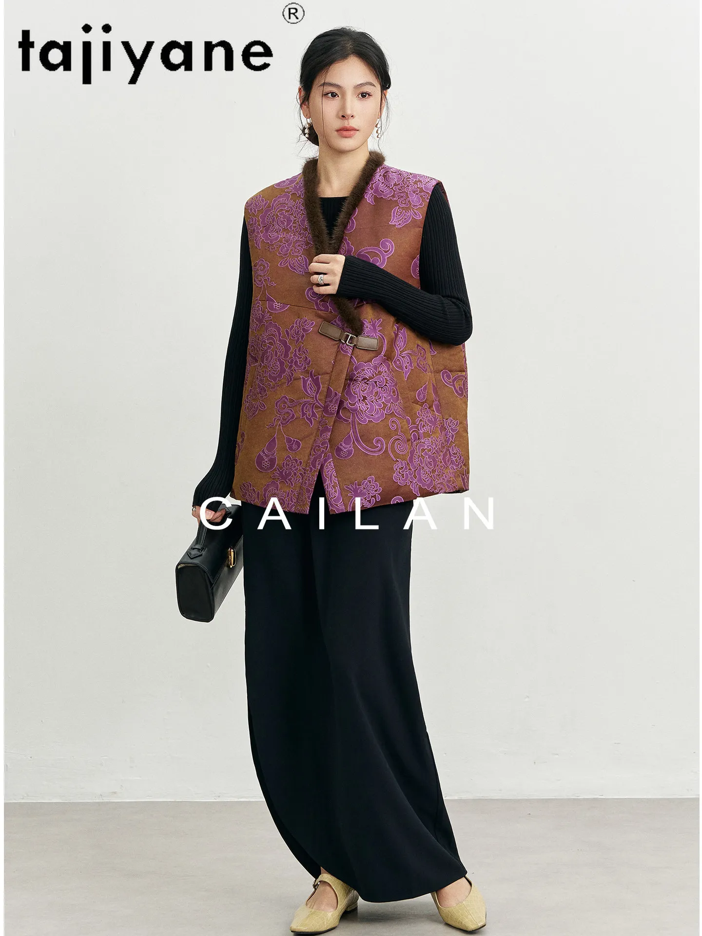 سترة نسائية فاخرة من TAJIYANE 90% بياقة من فرو المنك بدون أكمام معاطف جاكار سترة شتوية 2025 ملابس نسائية