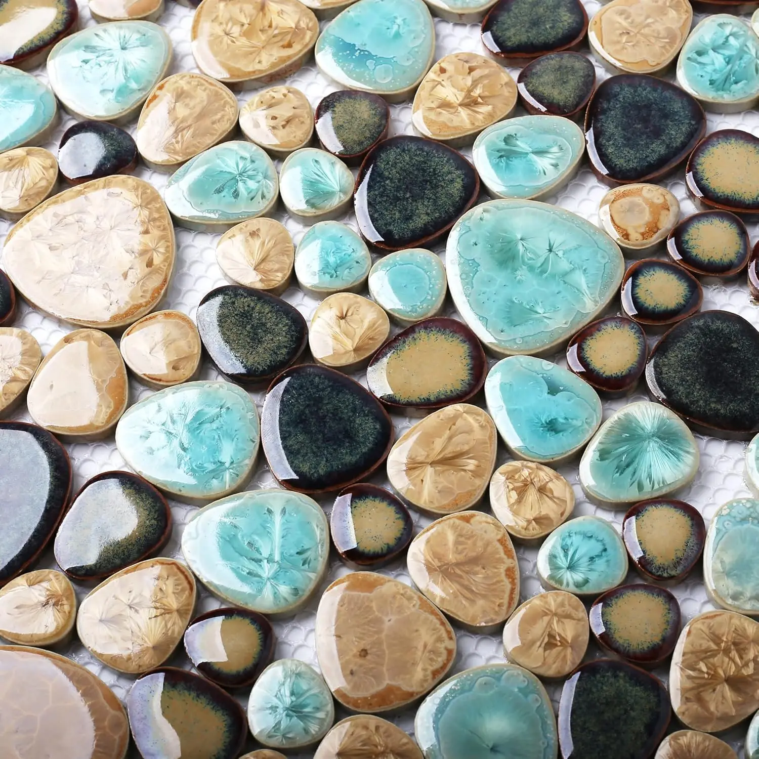 Blujellyfish Pebble Porcelain Tile Fambe Turquoise Green Beige Shower Floor Pool Alley Tiles Mosaic TSTGPT005