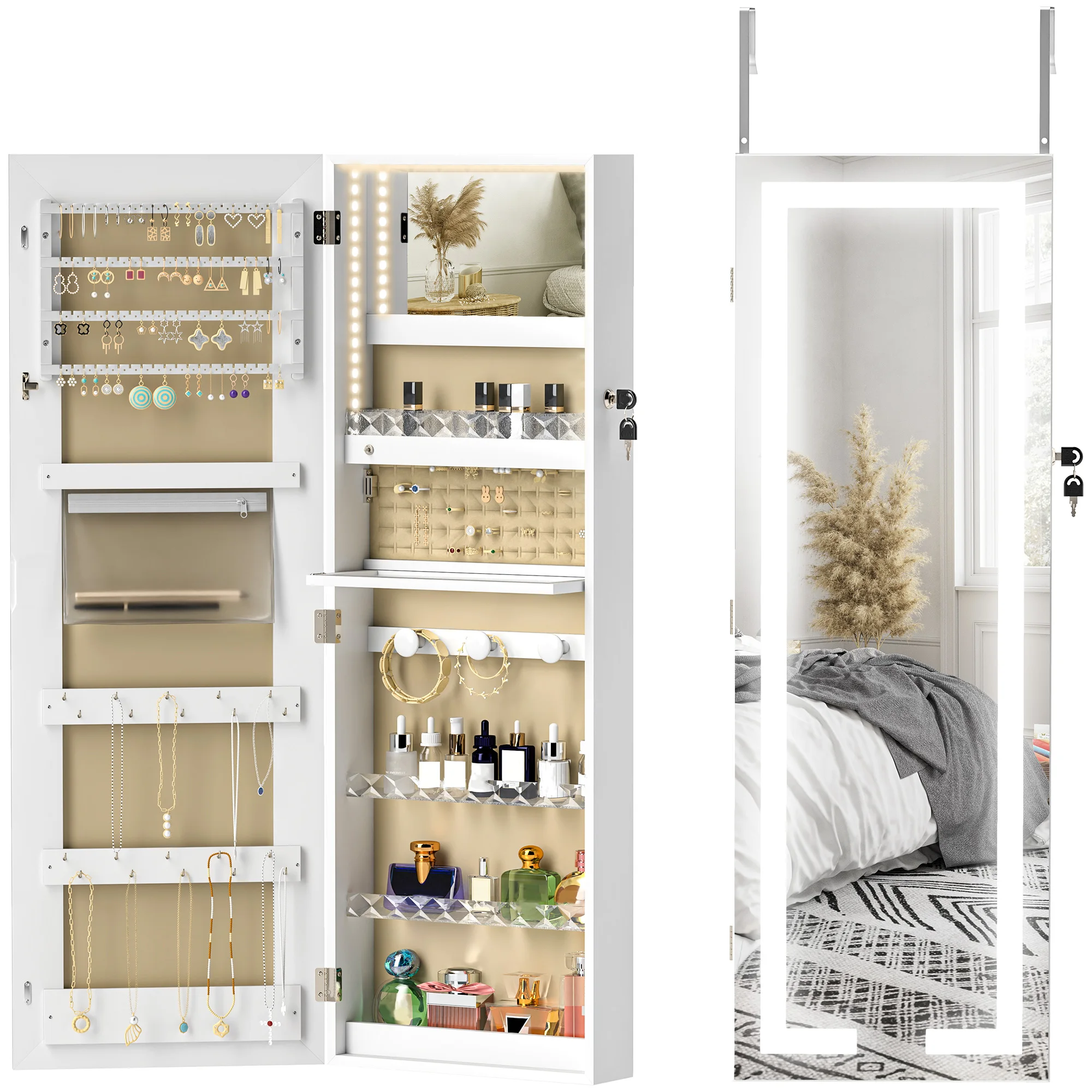Espejo Joyero de Pared con Luces LED y Cerradura Armario de Joyas para Colgar en la Pared o en la Puerta Blanco