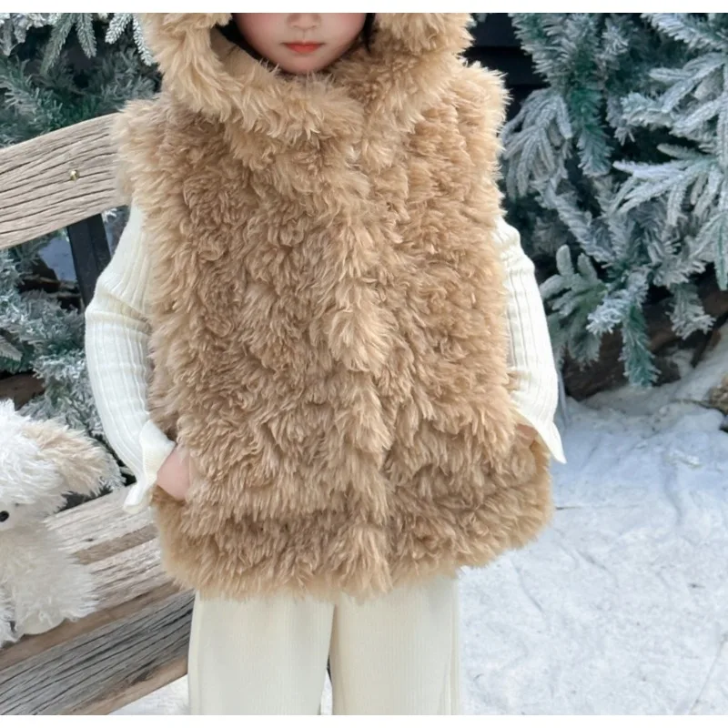 Bear Ears Vest Hooded Fluffy Jacket Women's 2026 Autumn and Winter New Imitation Lamb Plush Vest Vest