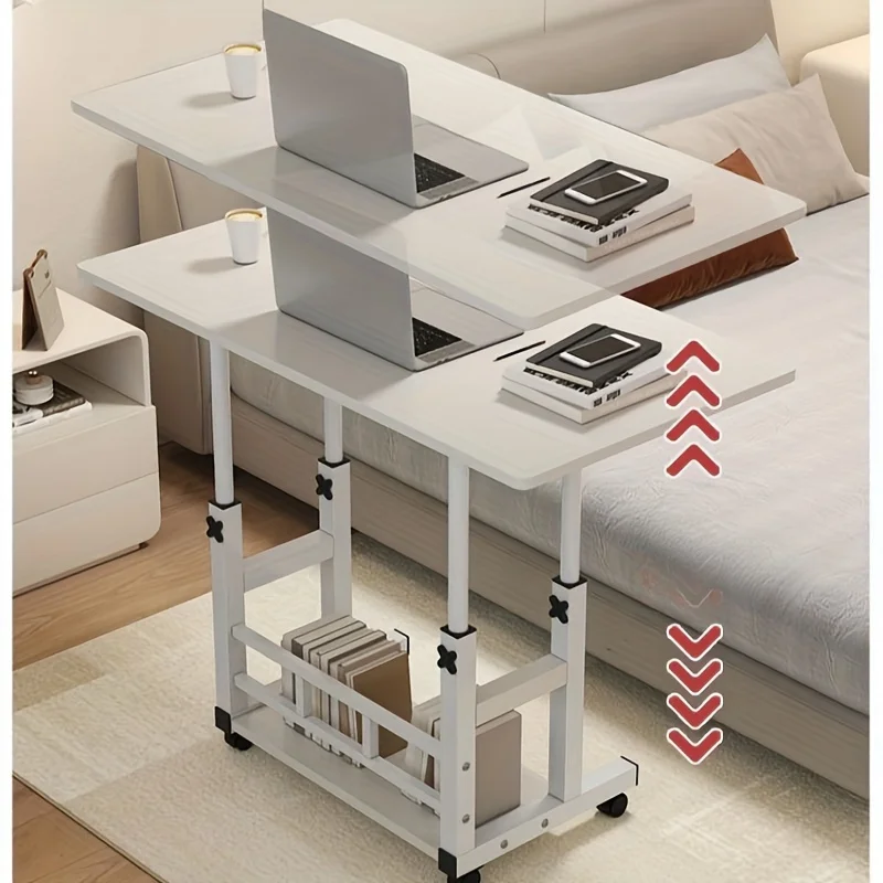 Multifunctional Folding Table with Wheels, Height Adjustable and Storage Shelf - Suitable for Bedroom, Living Room