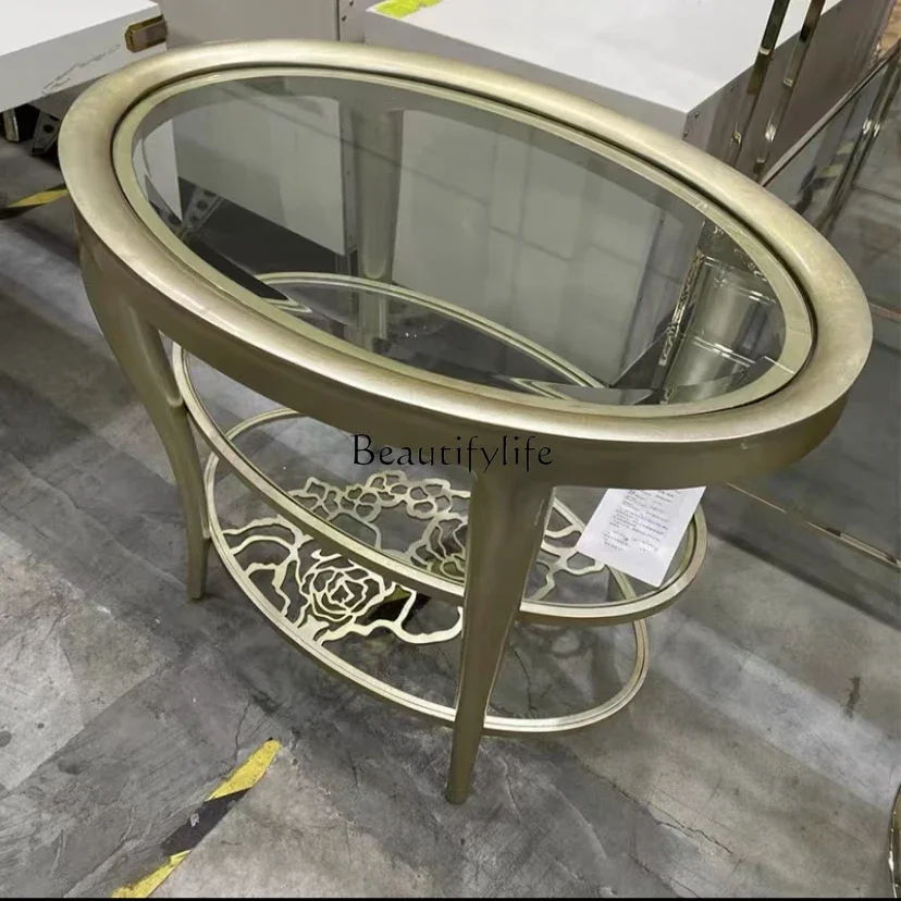 

ls 42Simple modern American solid wood oval coffee table designer rose living room stainless steel tempered glass coffee table