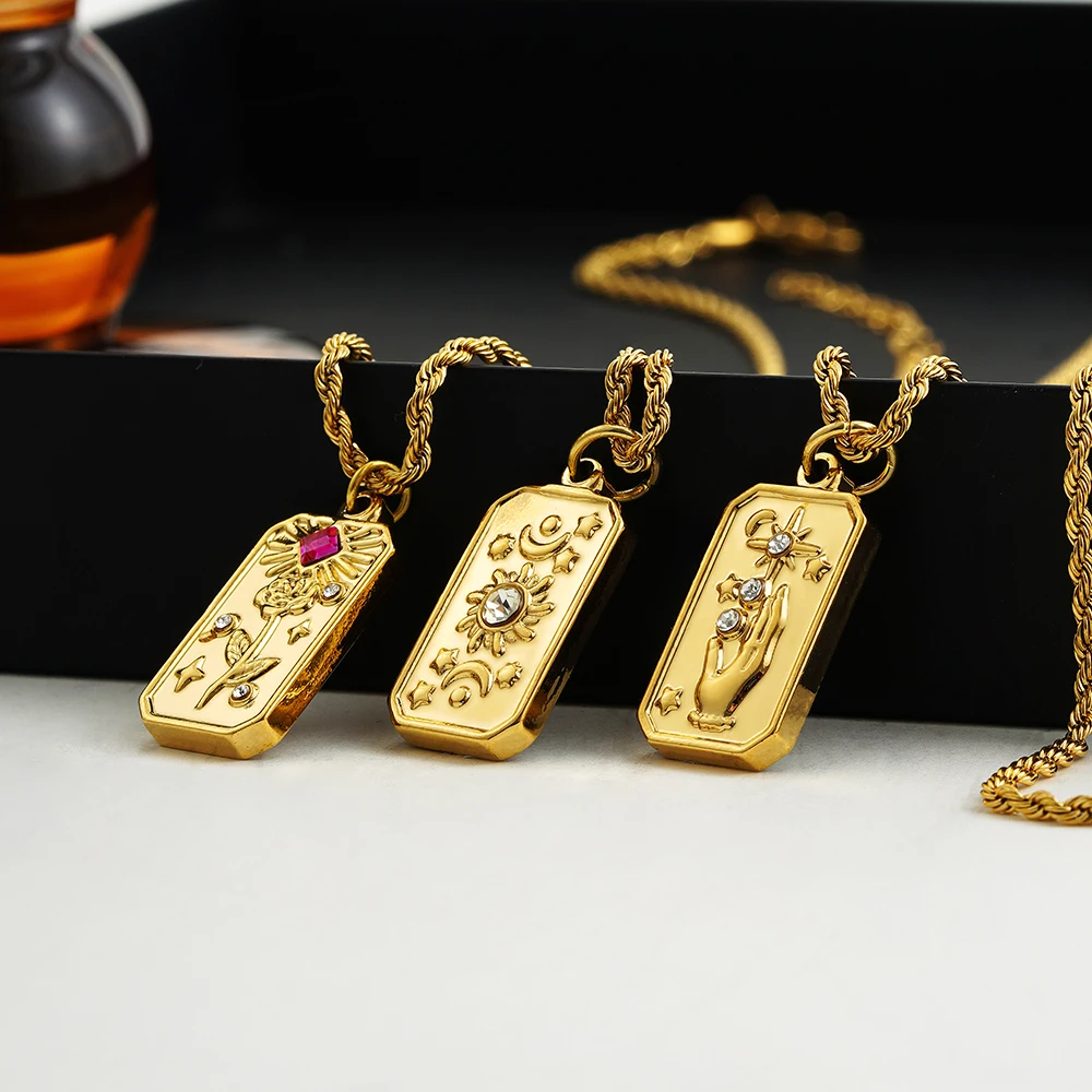 Stainless Steel Vintage Gold Plated Tarot Necklace for Women Sun Moon Star Flower Hand Square Pendant Twist Rope Chain Necklaces