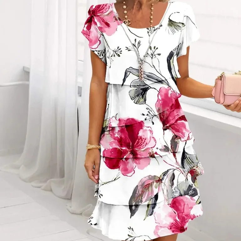 2025 primavera chique floral impressão chiffon vestido mulher elegante tripulação pescoço em camadas vestido plissado verão manga curta a linha vestido de festa