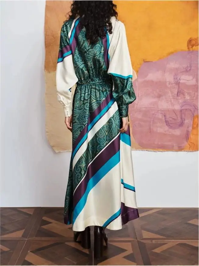 Summer 2026 Women's Slim Fit Silk Satin Print Long Sleeve High Collar Street Style Dress Cleanfit A-Line Skirt Soft Fabric view 3