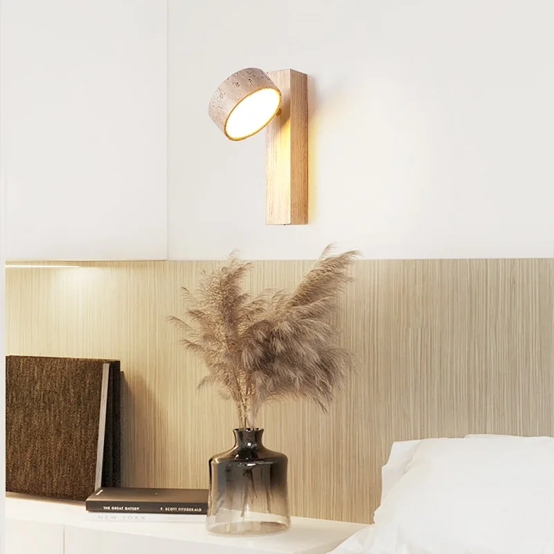 Simple Cream Style Living Room Bedroom Bedside Wall Lamp Wire Rotatable Led Light Stone Homestay Log Wood Walnut wall Lights