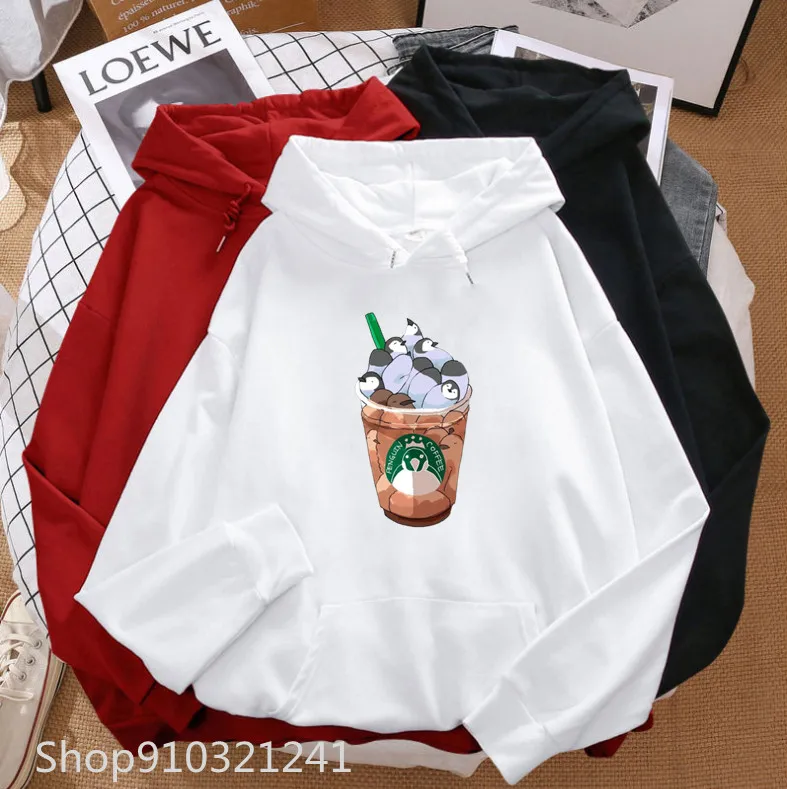 

Cute penguin Coffee Hoodies Prined Oversized Cartoon Hoodie Women Sweatshirt Casual Long Sleeve Pullover Aesthetic Tops Clothes