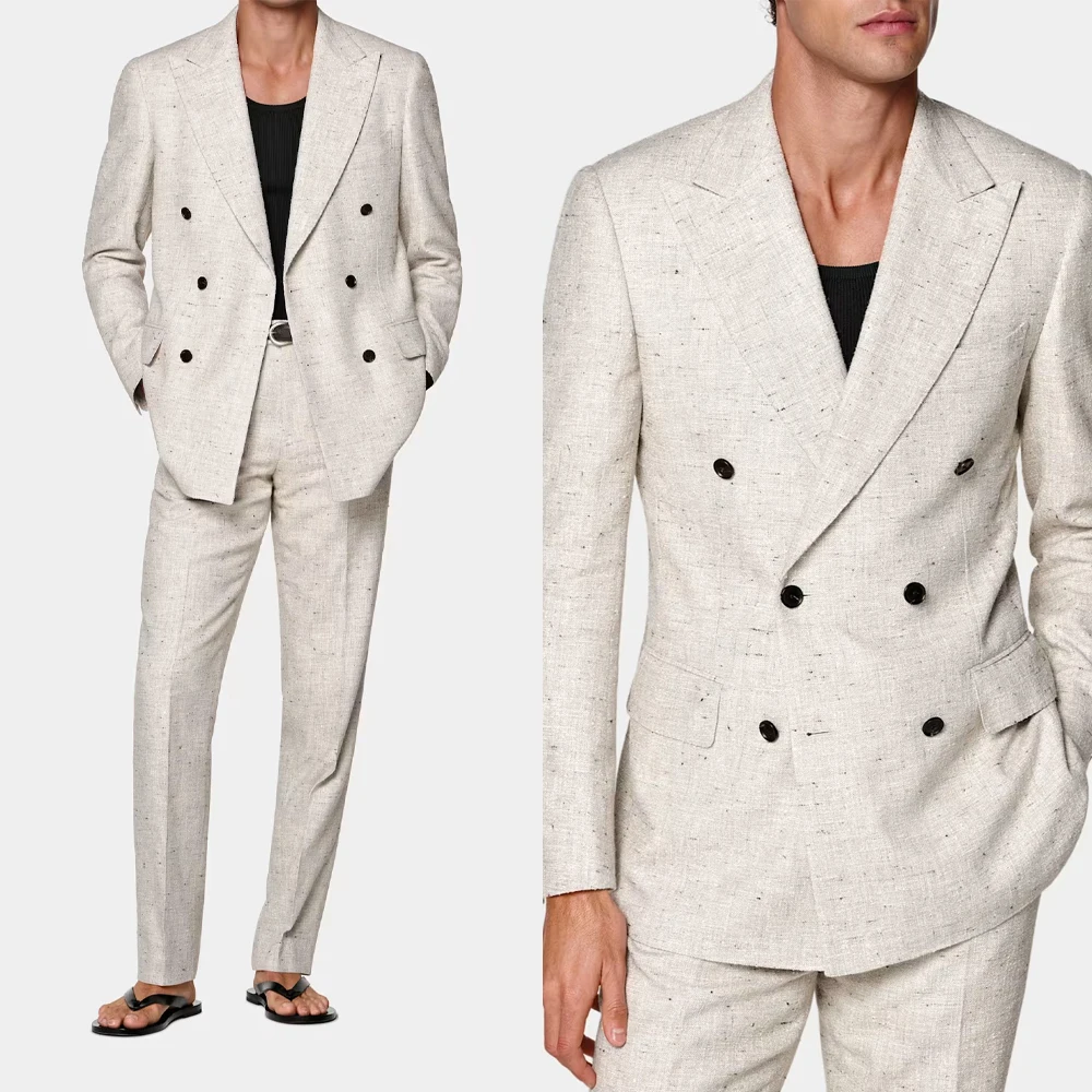 Summer Fashion Men's Suit For Wedding Double Breasted Groom Wear Peaked Lapel Tuxedos Business 2 Pcs Jacket Pants Custom Made