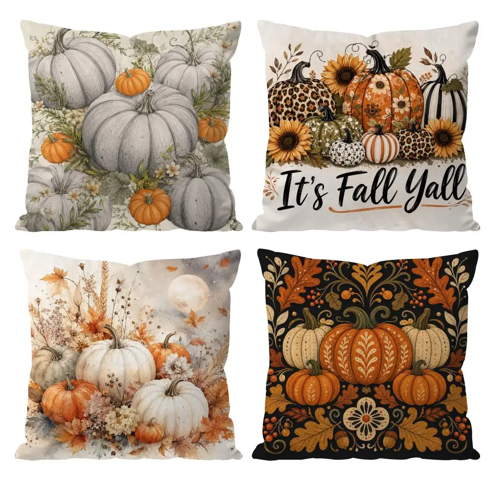 Happy Pumpkin Spice And Everything Nice Cushion Cover Double-Sided Plush Sofa Cushion Covers Organic Breathable Invisible Zipper
