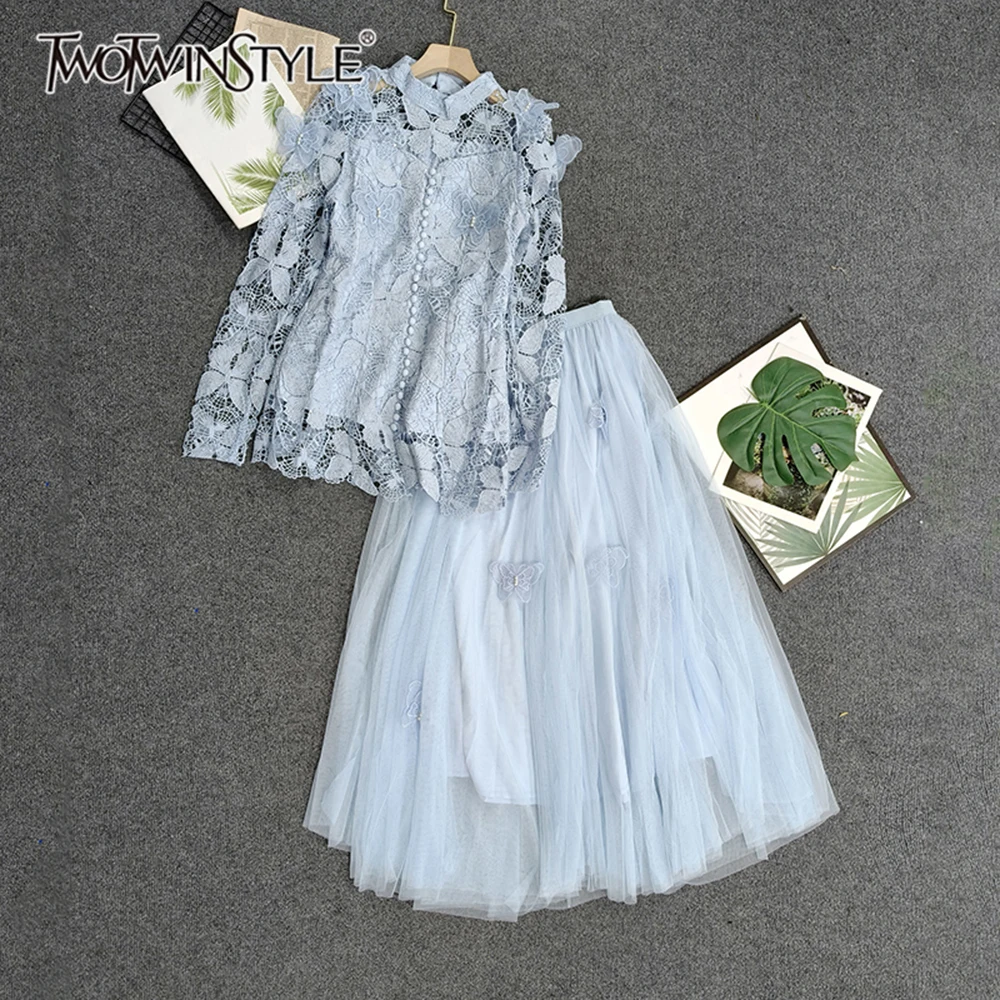 

TWOTWINSTYLE Elegant Solid Two Piece Sets For Women Round Neck Long Sleeve Top High Waist Skirt Chic Set Female New KSE515386