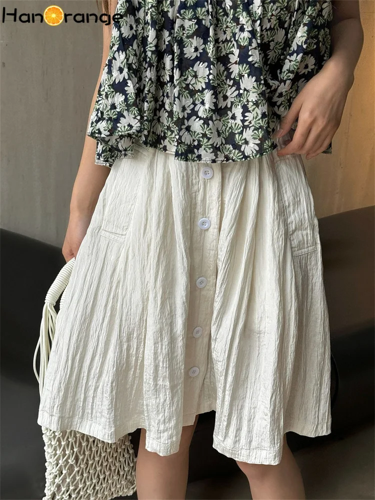 

HanOrange 2024 Summer Romantic Single Breasted Elastic Waist Skirt Light Floral A-line Mid Skirt White/Pink