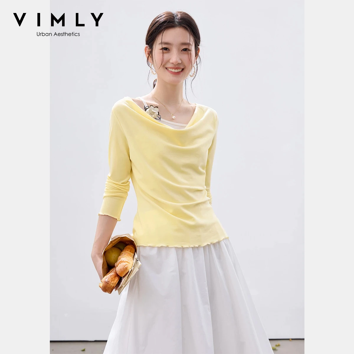 

VIMLY Women's Cowl Neck T-shirt 2026 Spring New French Elegant Faux Two-Piece Detachable 3D Floral Slim Long Sleeve Top 30752