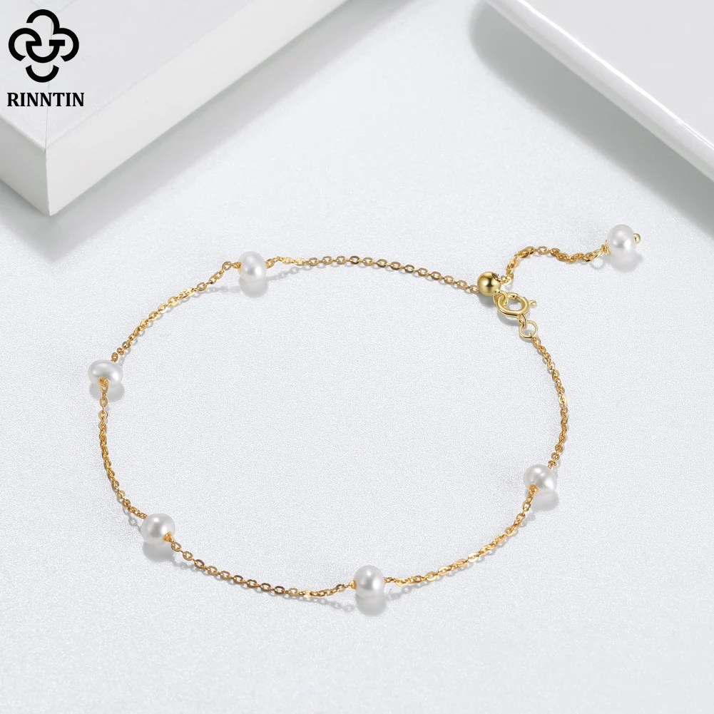 

Rinntin 925 Sterling Silver Bracelet Adjustable Design with Natural Freshwater Pearl 14k Gold Delicate Vintage Jewelry GPB08