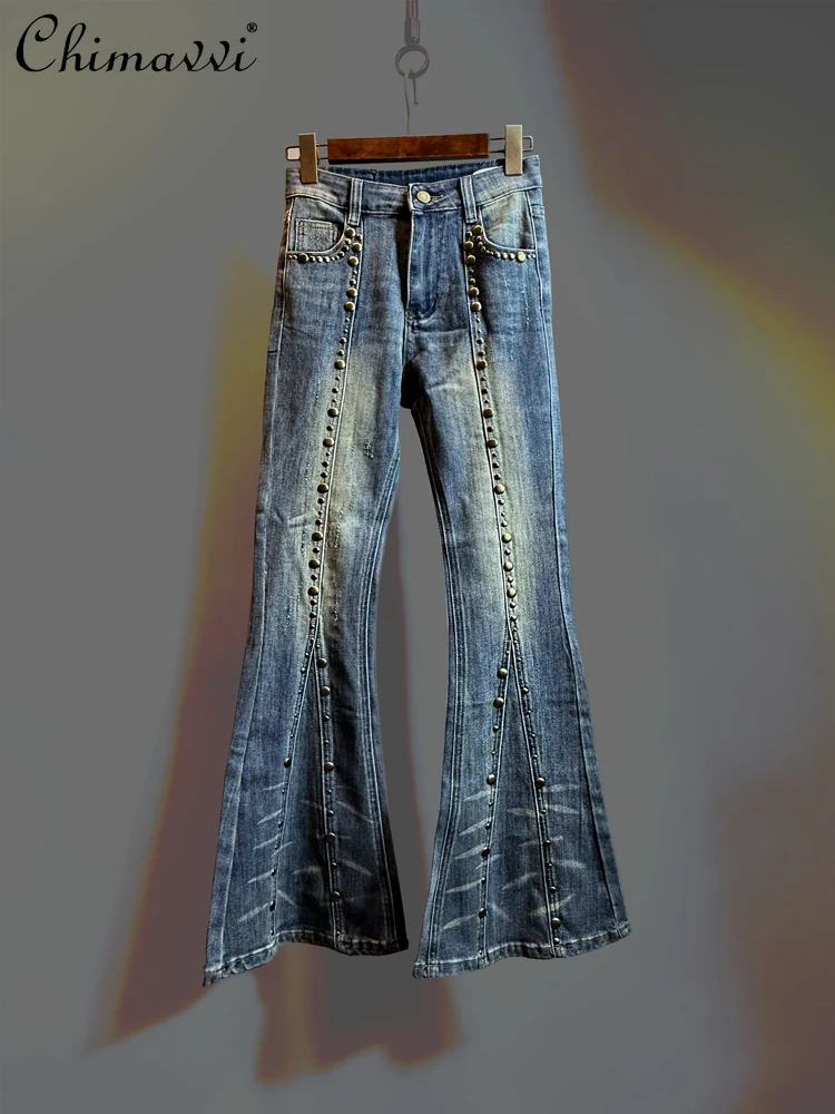 Amerikaanse stijl mode retro klinknagel uitlopende lange broek hoog getailleerde slim fit veelzijdige casual denim broek voor dames jeans